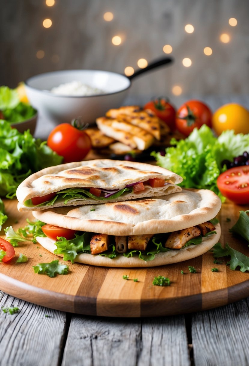 A multigrain pita bread lies open on a wooden cutting board, surrounded by colorful ingredients like lettuce, tomatoes, and grilled chicken