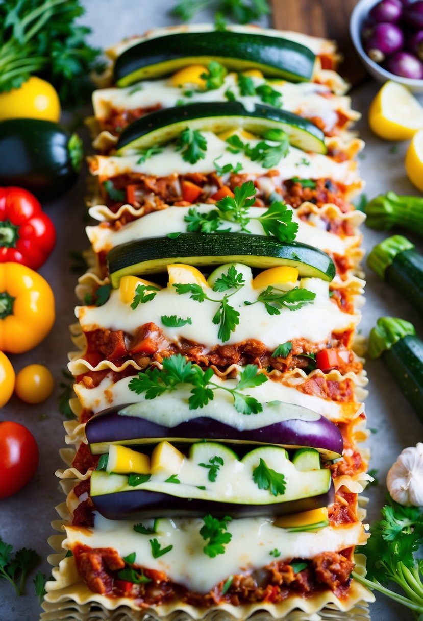 A colorful array of zucchini, eggplant, and other fresh vegetables layered between sheets of lasagna, topped with melted cheese and fresh herbs