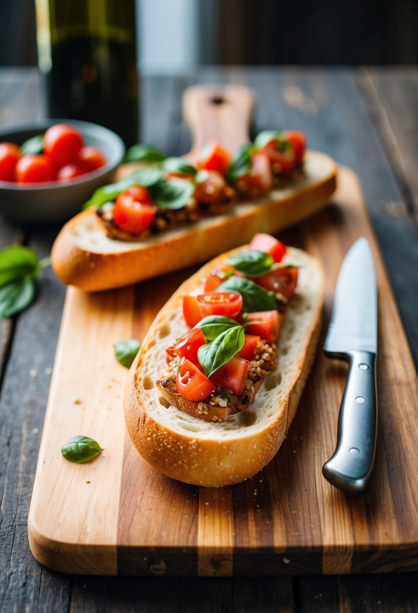 A rustic baguette is sliced and topped with bruschetta ingredients on a wooden cutting board