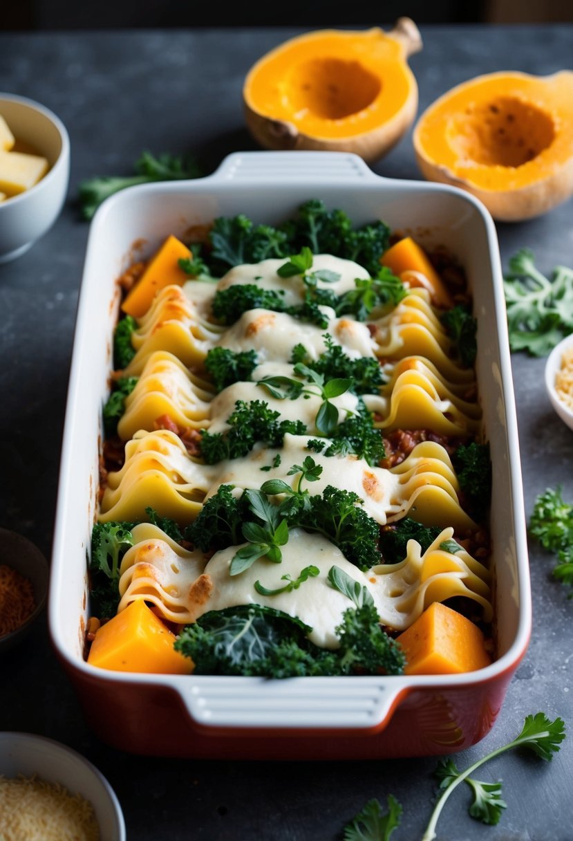 A colorful array of butternut squash, kale, and lasagna noodles layered in a baking dish, topped with melted cheese and fresh herbs