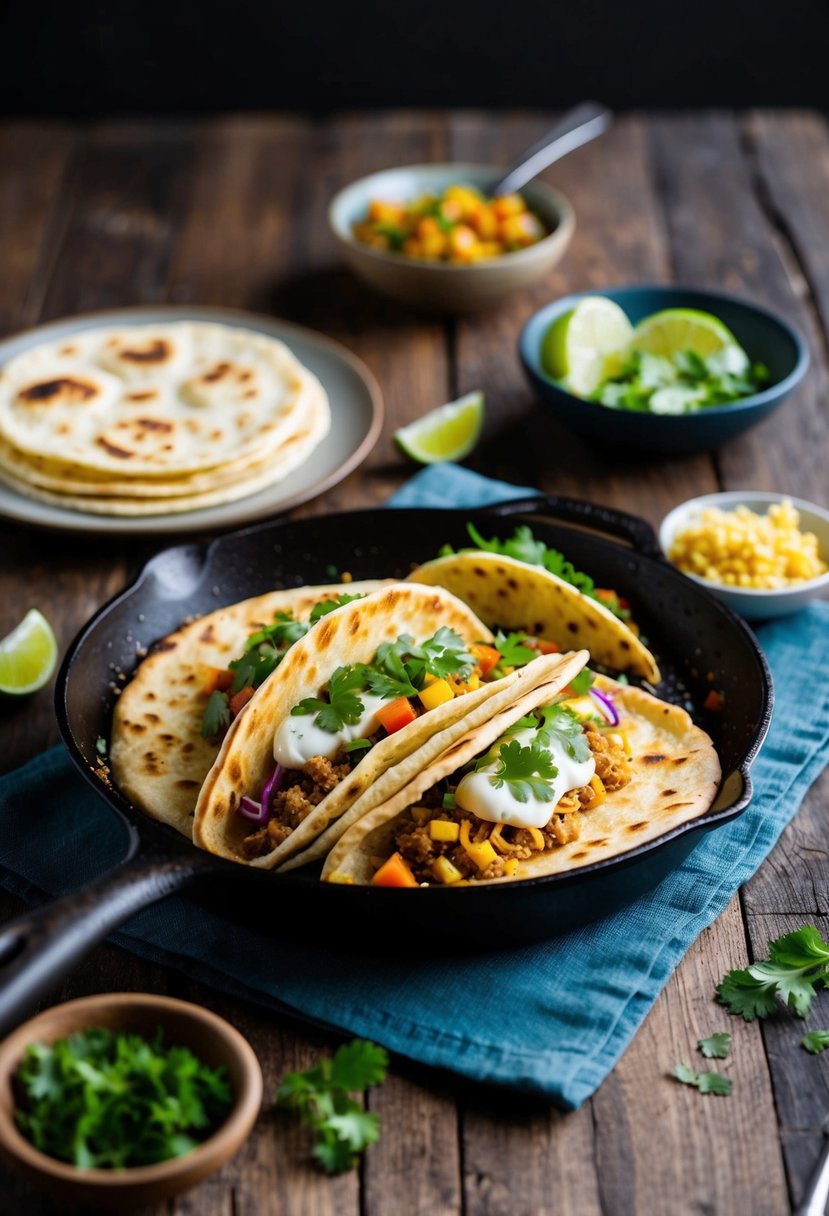 A sizzling skillet of garlic naan bread tacos, with colorful fillings and garnishes, sits on a rustic wooden table