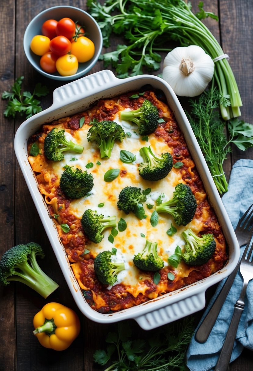 A baking dish of broccoli and ricotta lasagna surrounded by fresh vegetables and herbs on a rustic wooden table