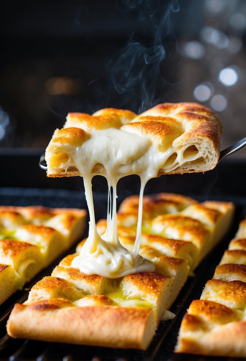 Melting mozzarella oozing out of golden-brown focaccia slices on a sizzling grill