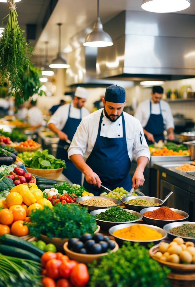 A bustling mediterranean market with colorful produce, herbs, and spices. A chef prepares traditional dishes in a lively kitchen