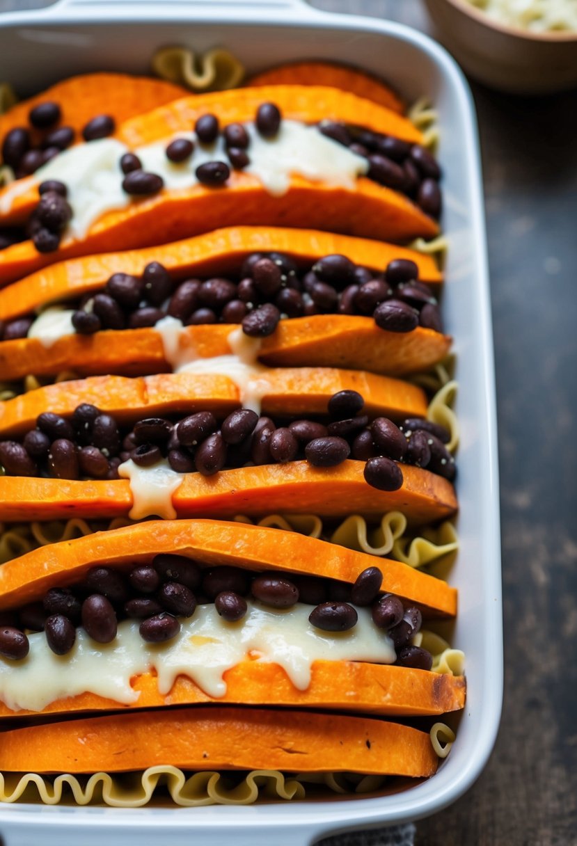 A colorful array of sliced sweet potatoes and black beans layered with lasagna noodles and topped with melted cheese