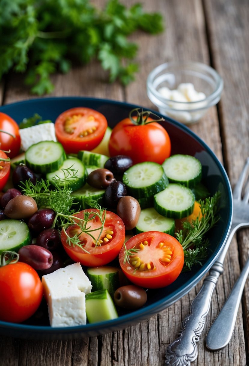 A rustic wooden table set with a colorful array of fresh tomatoes, cucumbers, olives, feta cheese, and herbs for a traditional Horiatiki Salad