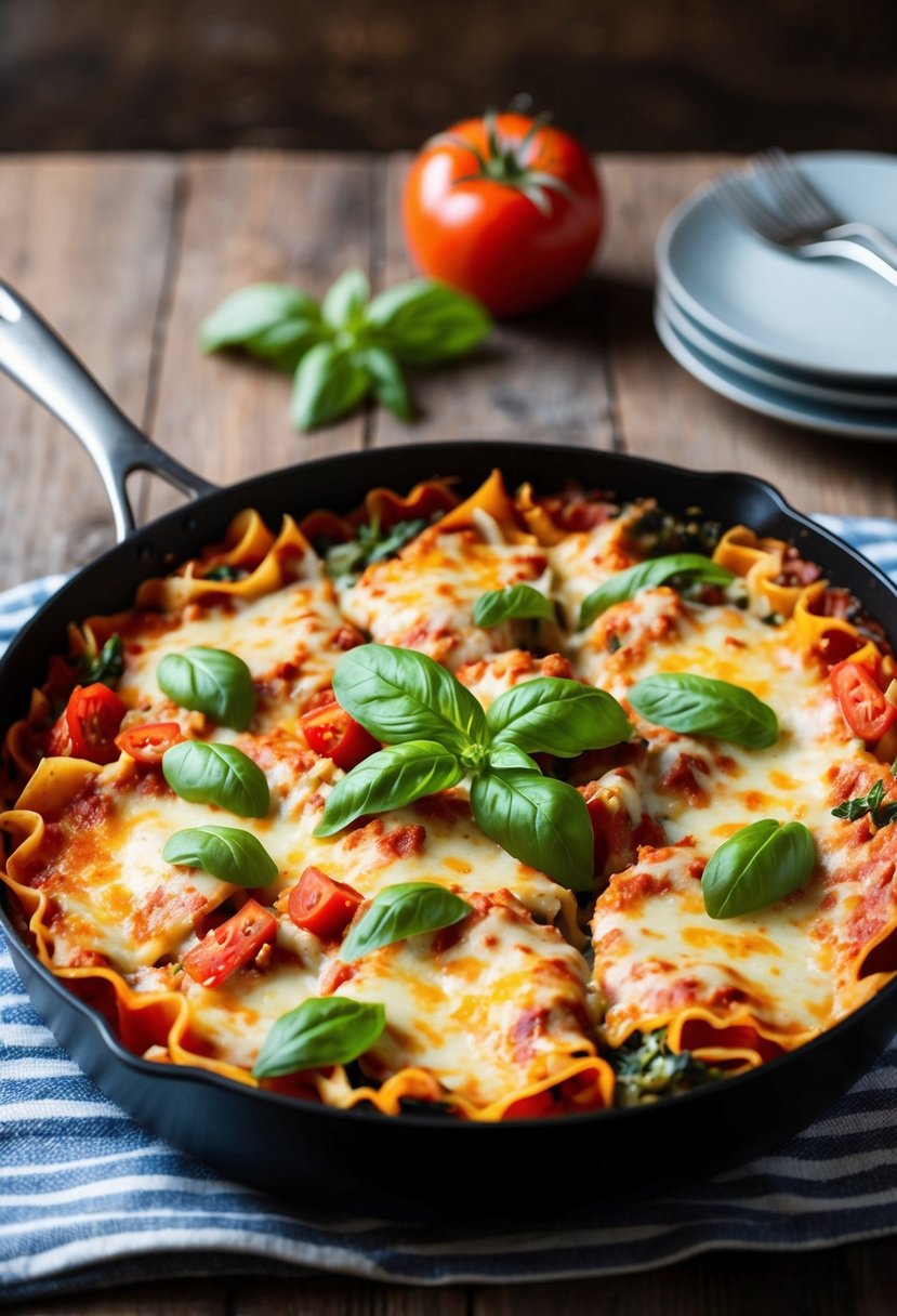 A pan of freshly baked veggie lasagna with layers of tomato, basil, and melted cheese