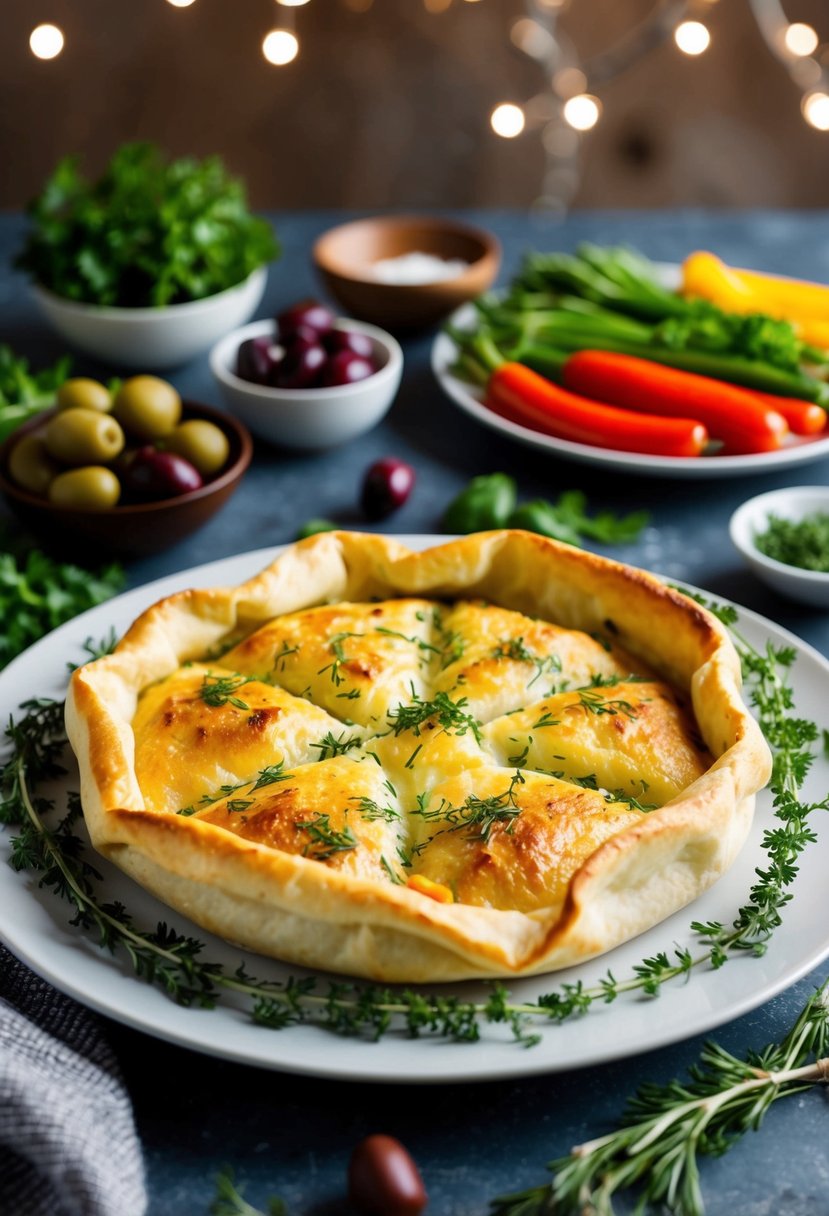 A table set with a golden-brown, flaky spanakopita surrounded by fresh herbs, olives, and colorful vegetables