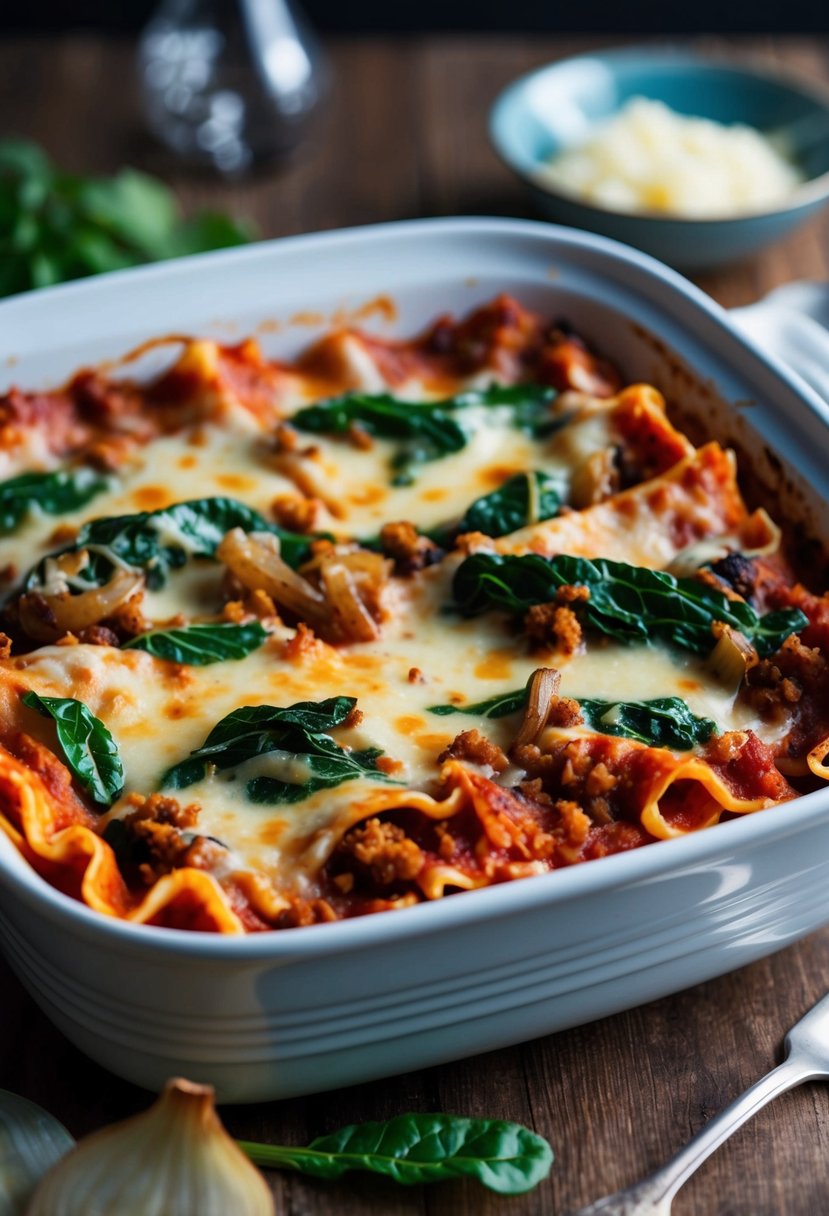 A bubbling lasagna dish with layers of caramelized onions and swiss chard, topped with melted cheese