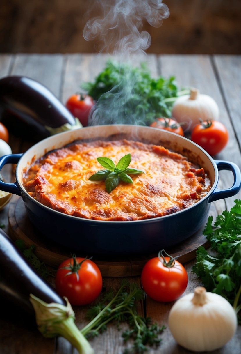 A table set with a steaming, golden-brown moussaka dish surrounded by fresh ingredients like eggplant, tomatoes, and herbs