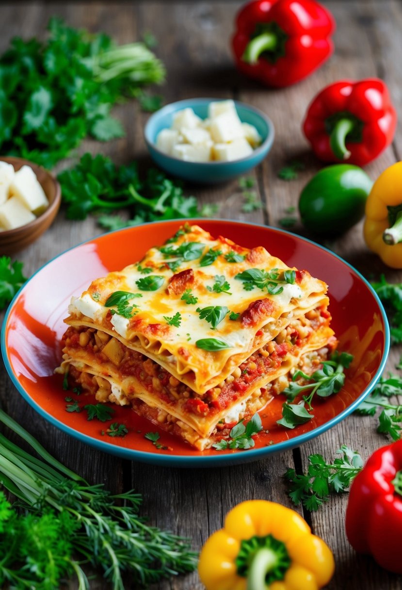 A colorful dish of layered roasted red pepper and feta lasagna, surrounded by fresh vegetables and herbs, on a rustic wooden table