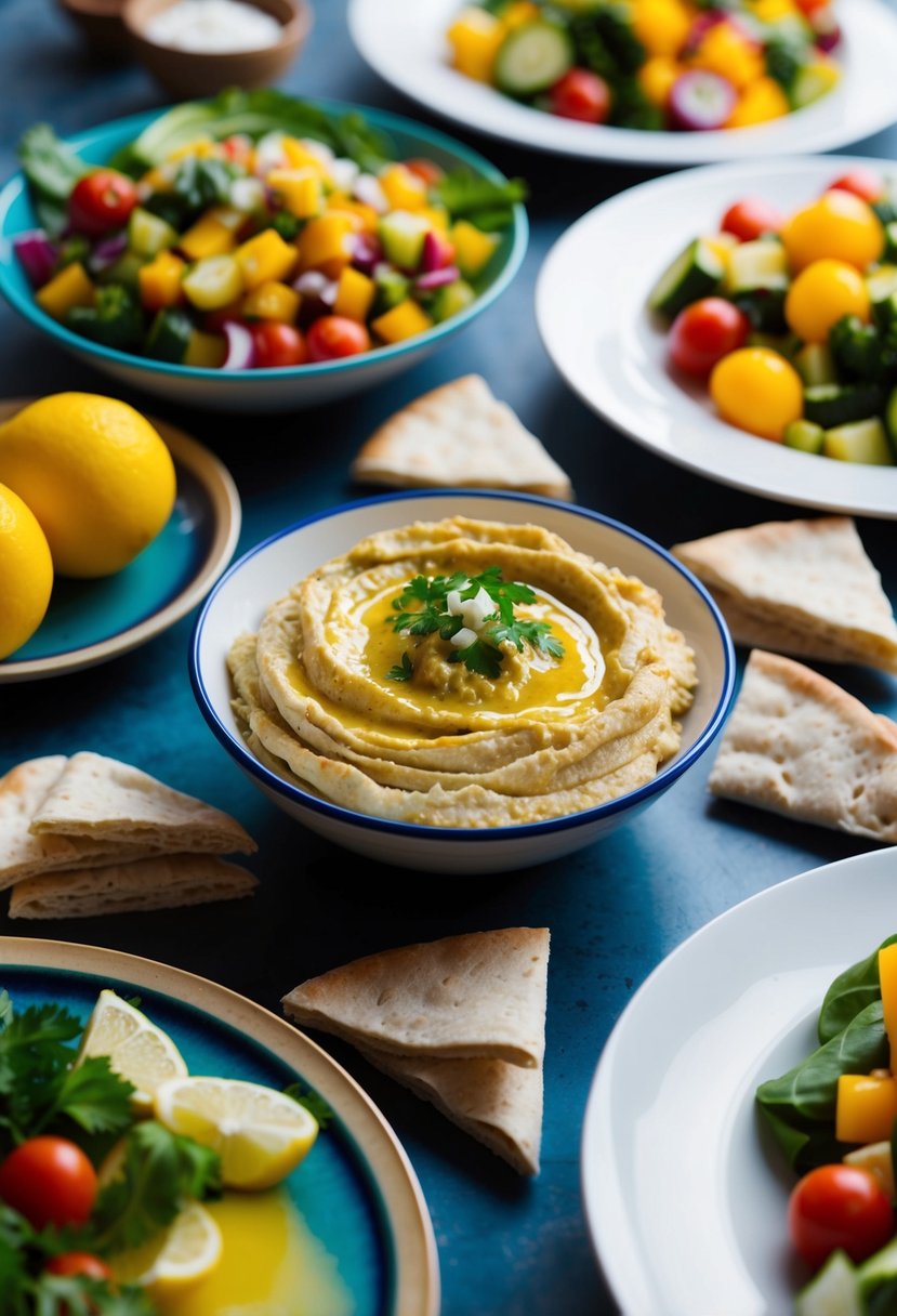 A table set with a spread of colorful Mediterranean dishes, including a bowl of creamy Baba Ganoush surrounded by pita bread and fresh vegetables