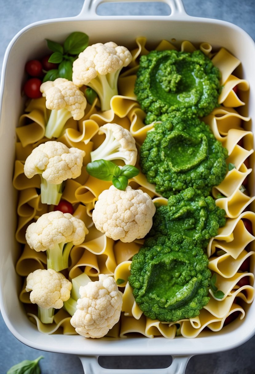 A colorful array of fresh cauliflower, vibrant green pesto, and layers of lasagna noodles arranged in a baking dish