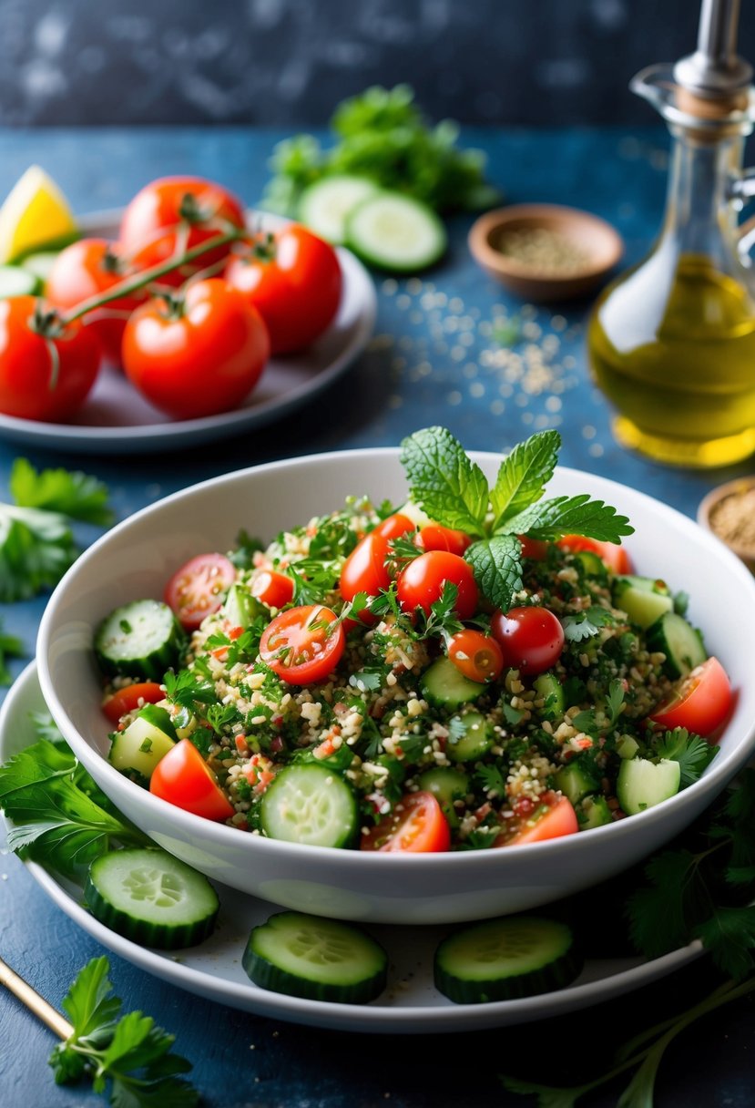 A vibrant bowl of tabbouleh surrounded by fresh ingredients like tomatoes, cucumbers, parsley, and mint, with a drizzle of olive oil