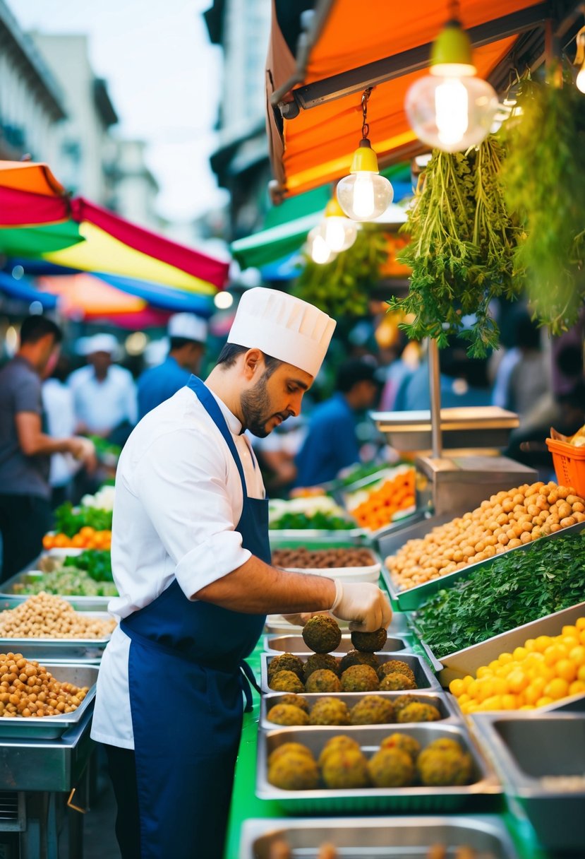 A bustling outdoor market with colorful stalls selling fresh ingredients like chickpeas, herbs, and spices. A chef expertly shapes falafel balls at a food stand