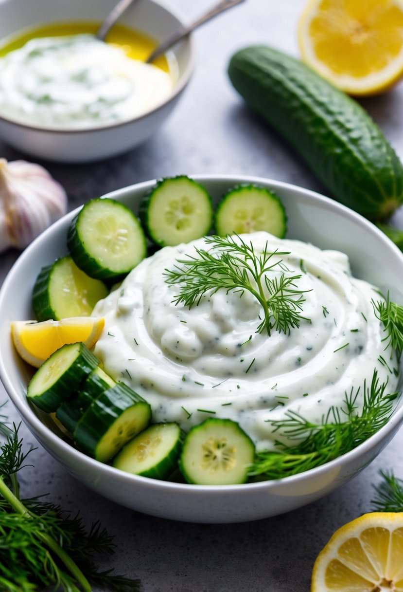 A bowl of creamy tzatziki sauce surrounded by fresh ingredients like cucumbers, dill, and garlic, with a hint of olive oil and lemon juice