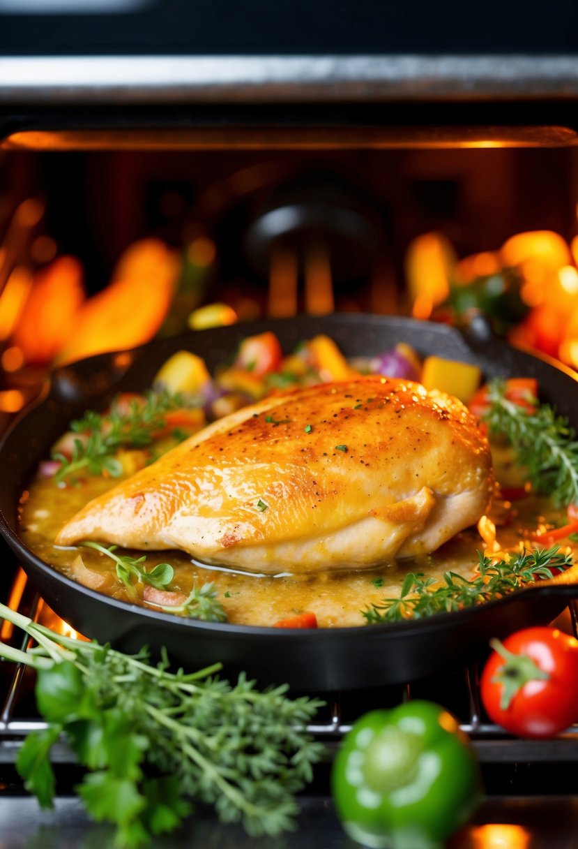 A golden-brown chicken breast sizzling in a hot oven, surrounded by fresh herbs and colorful vegetables