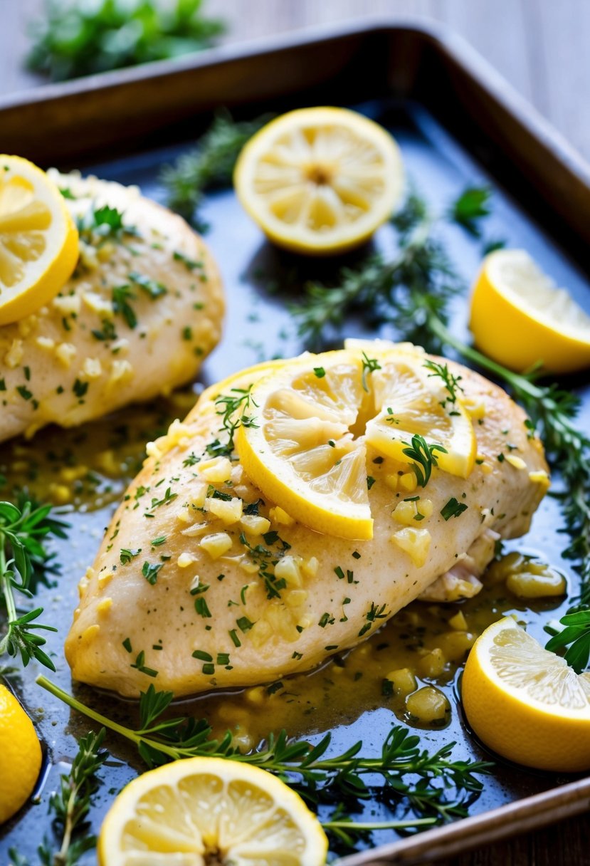 A plump chicken breast coated in lemon and garlic, surrounded by fresh herbs and placed on a baking sheet