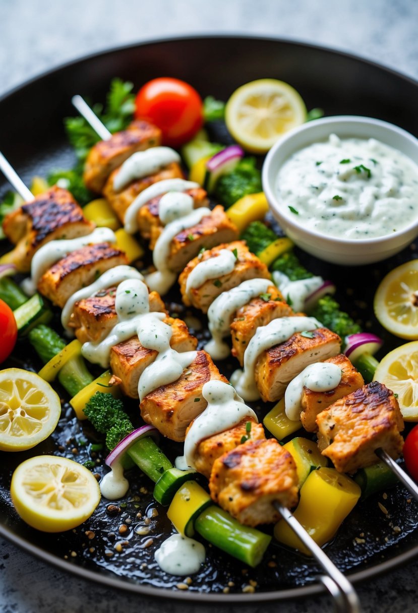 A sizzling skewer of chicken souvlaki surrounded by fresh vegetables and drizzled with tangy tzatziki sauce