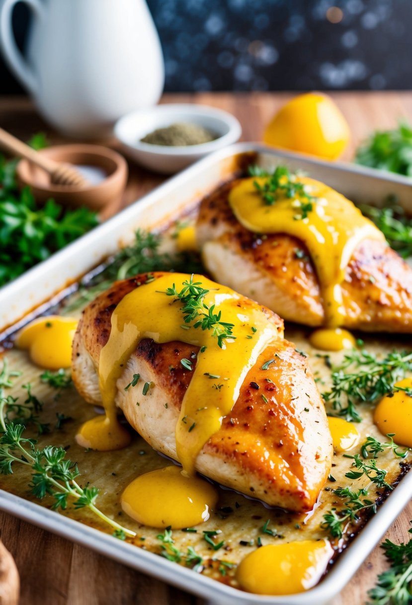 A golden-brown chicken breast glazed with honey mustard, fresh out of the oven on a baking sheet, surrounded by vibrant herbs and spices