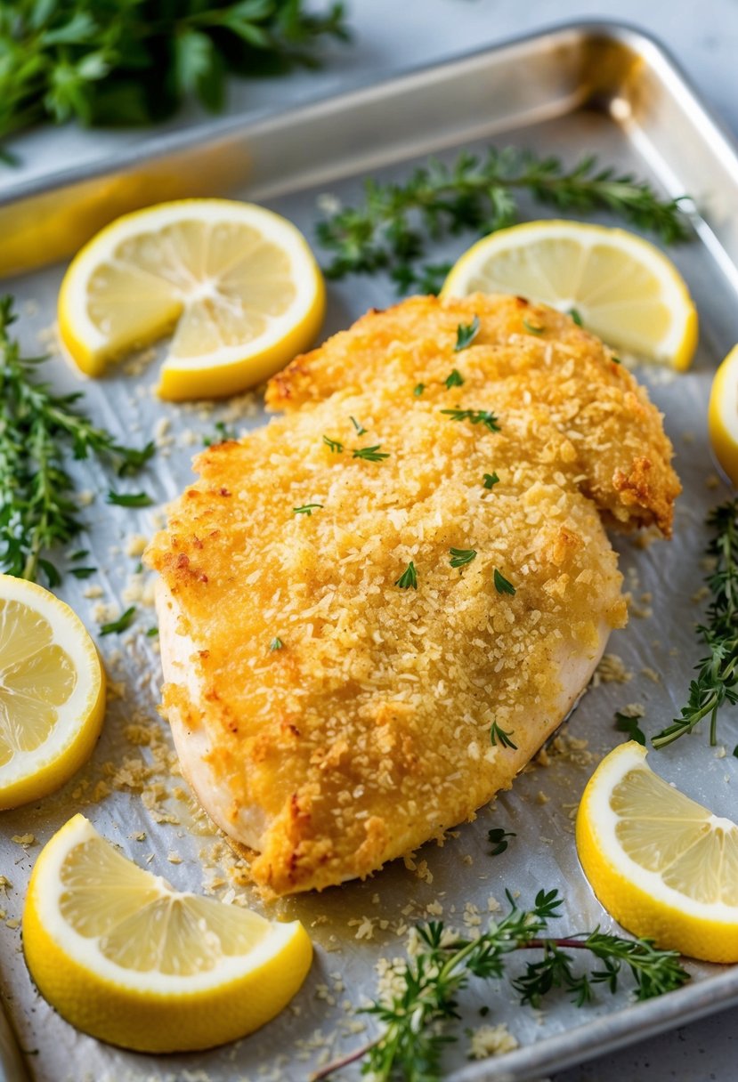 A golden-brown parmesan crusted chicken breast sits on a baking sheet surrounded by fresh herbs and lemon wedges