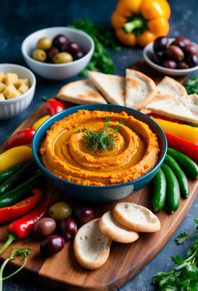 A bowl of roasted red pepper hummus surrounded by pita bread, olives, and fresh vegetables on a wooden serving board