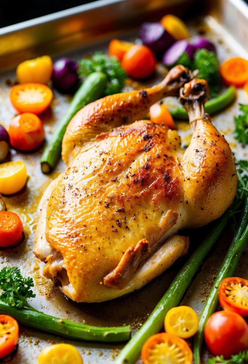 A golden-brown roasted chicken breast surrounded by colorful, tender vegetables on a baking sheet