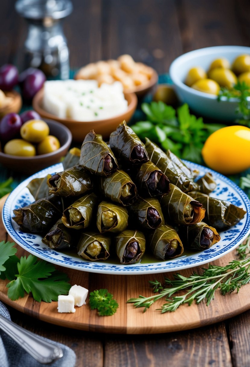 A table set with a platter of stuffed grape leaves, surrounded by colorful Mediterranean ingredients like olives, feta cheese, and fresh herbs