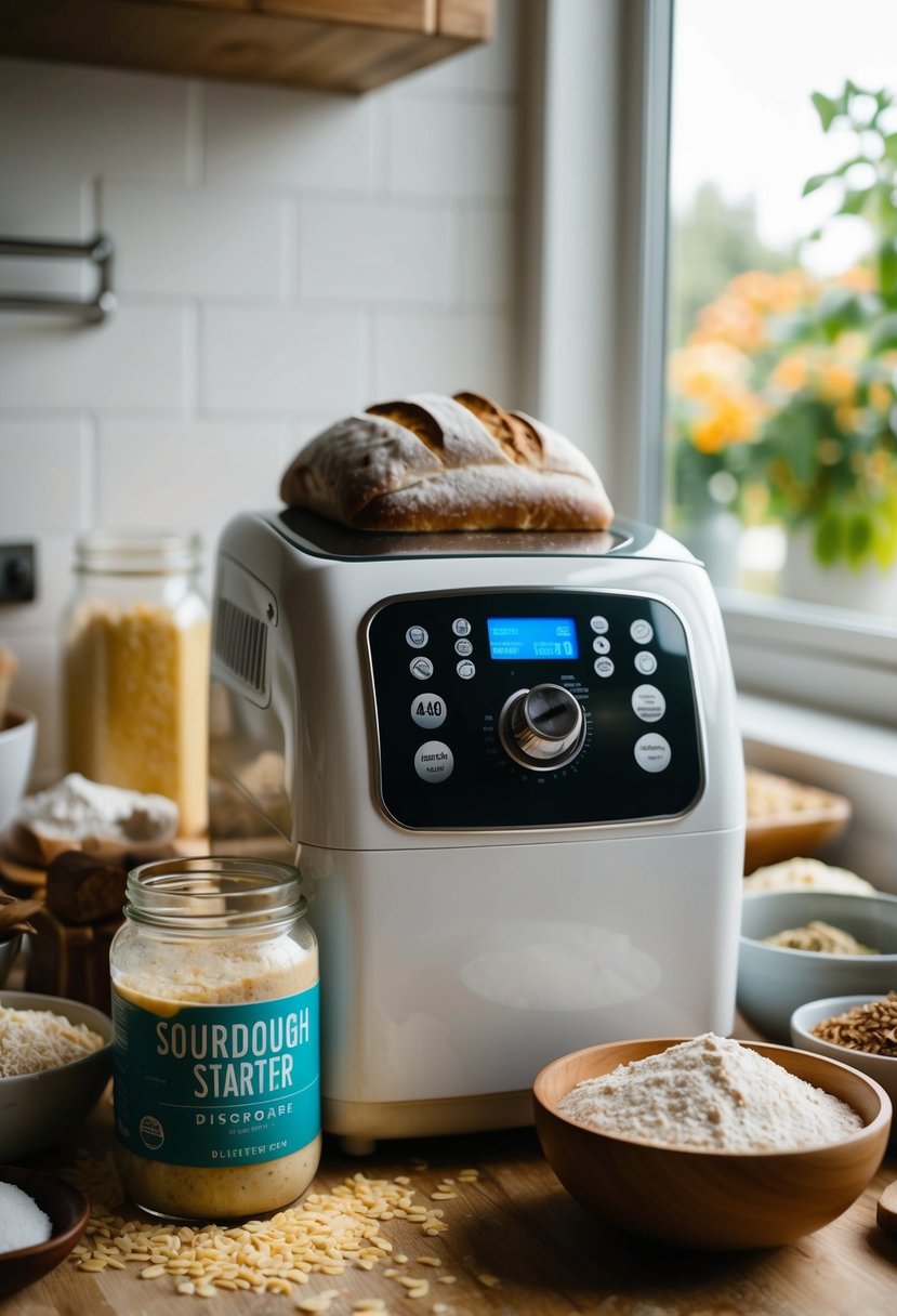 A bread machine surrounded by ingredients and a jar of sourdough starter discard, ready to be used in a recipe