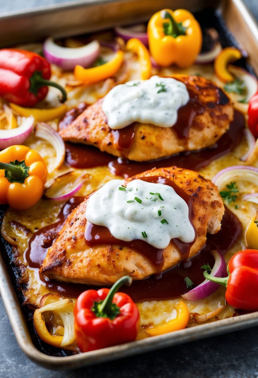 A sizzling chicken breast bakes in a bed of creamy ranch dressing and tangy BBQ sauce, surrounded by colorful bell peppers and onions on a baking sheet