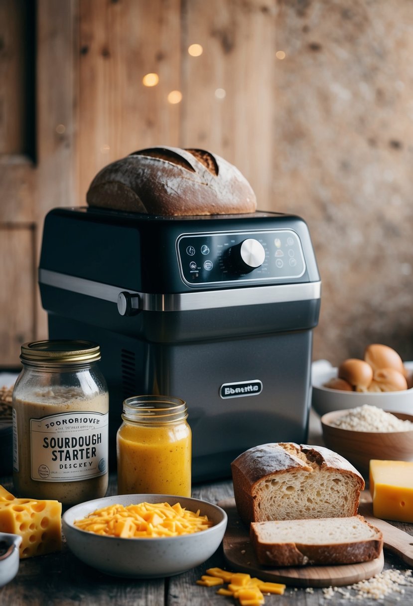 A rustic bread machine surrounded by ingredients, including a jar of sourdough starter discard and a loaf of cheesy sourdough bread