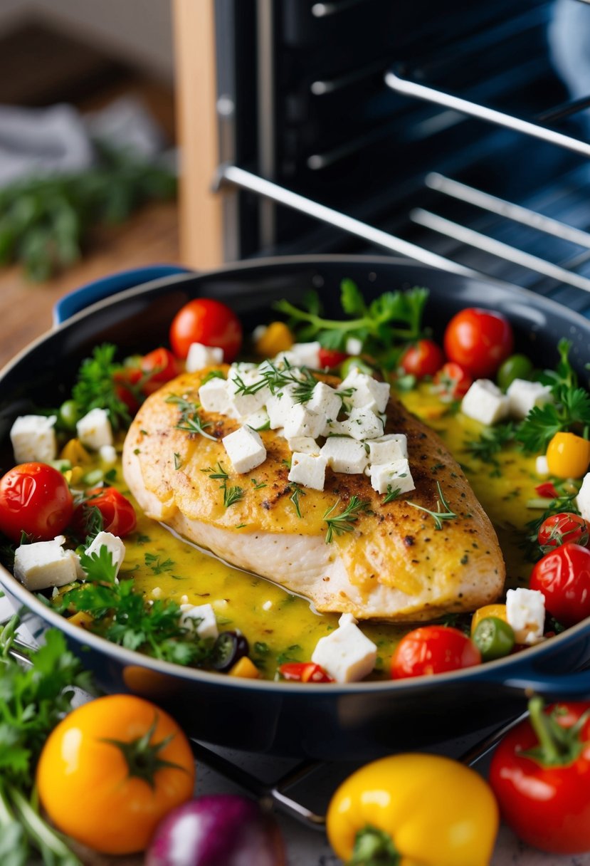 A Greek-style chicken breast topped with feta cheese, surrounded by colorful Mediterranean vegetables and herbs, baking in the oven