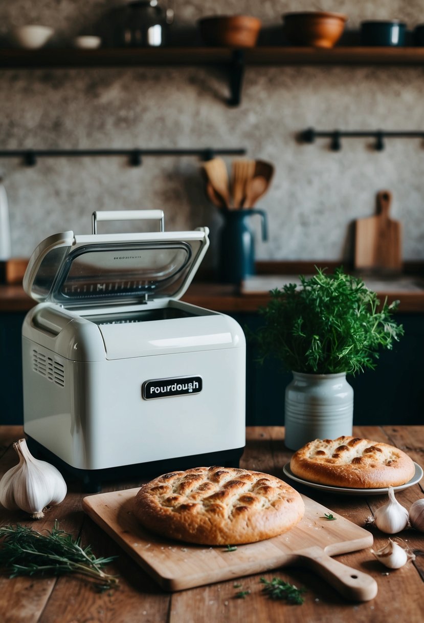 A rustic kitchen counter with a bread machine, sourdough starter, garlic, herbs, and a freshly baked focaccia