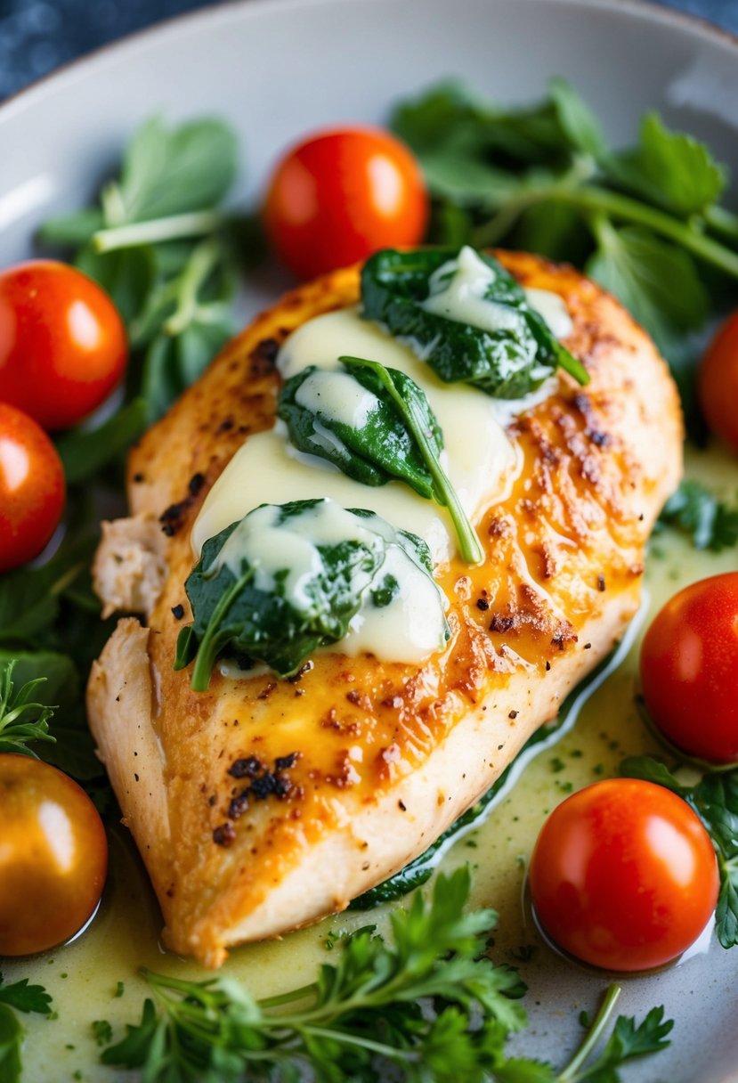 A golden-brown chicken breast topped with creamy spinach and melted cheese, surrounded by fresh herbs and cherry tomatoes