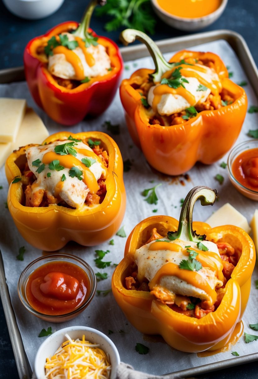 Buffalo chicken stuffed peppers on a baking sheet, surrounded by ingredients like chicken breast, hot sauce, and cheese