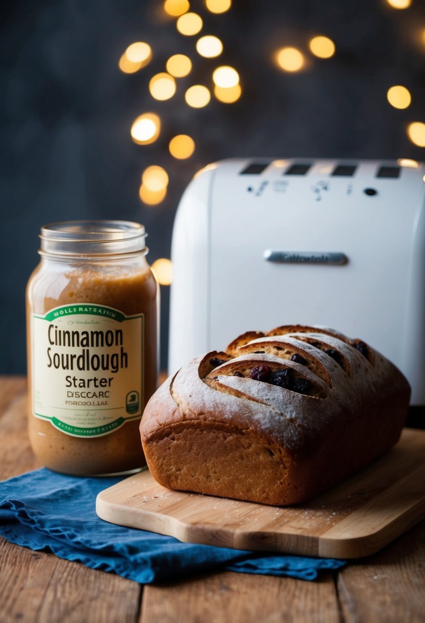 A cinnamon raisin sourdough loaf sits next to a jar of sourdough starter discard. A bread machine is in the background