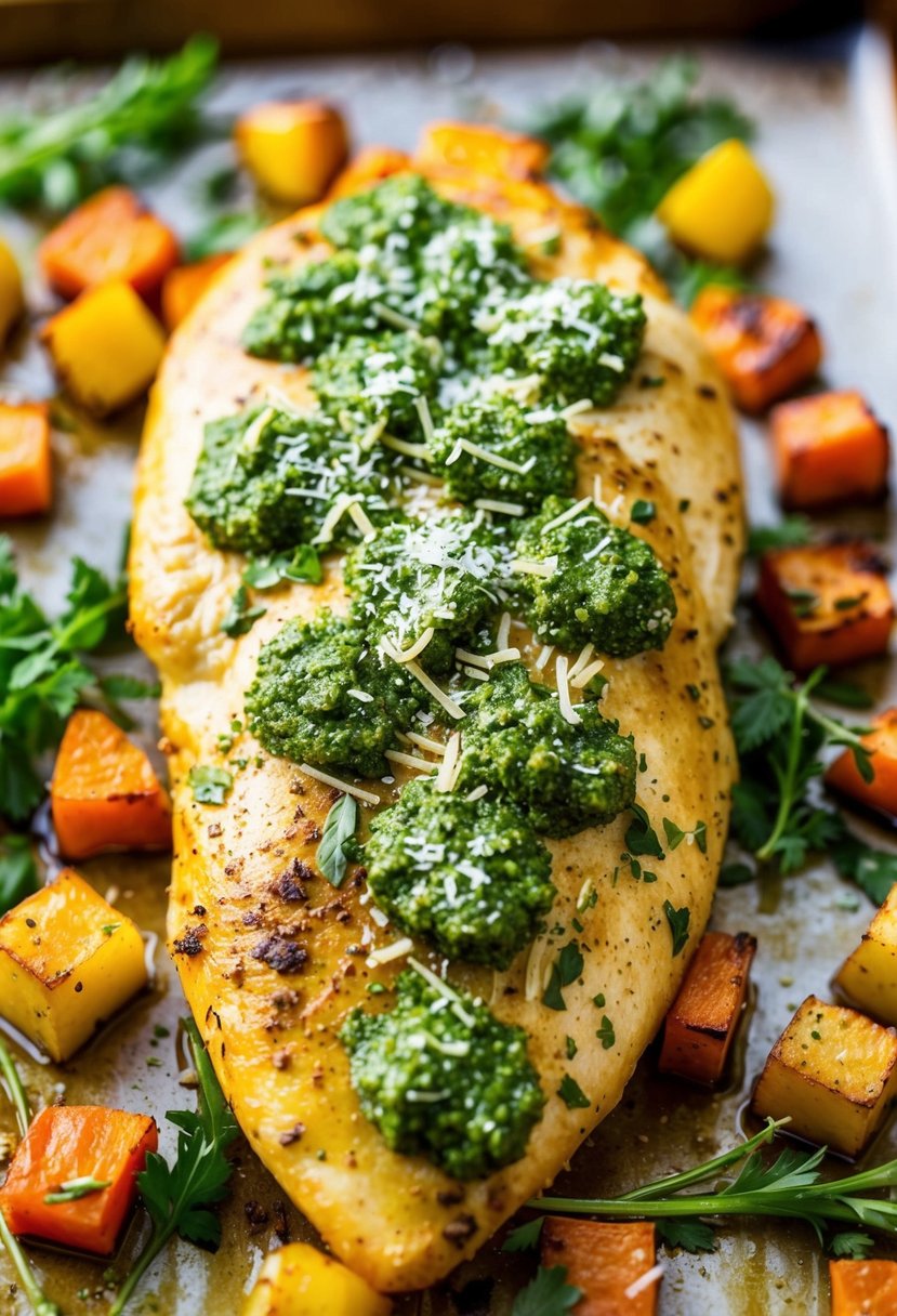 A golden-brown chicken breast covered in pesto, fresh herbs, and a sprinkle of parmesan cheese, sitting on a bed of roasted vegetables on a baking sheet