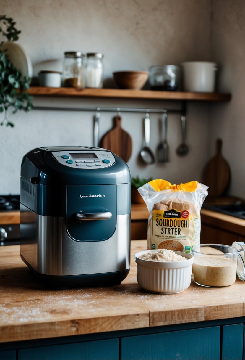 A rustic kitchen counter with a bread machine, sourdough starter, and ingredients for chocolate chip sourdough bread