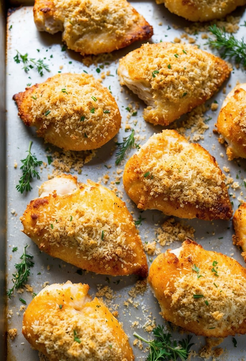 Golden-brown chicken breasts coated in panko crumbs, arranged on a baking sheet with herbs and spices scattered around