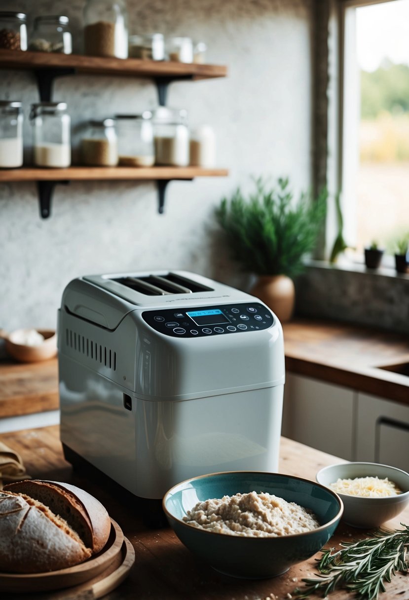 A rustic kitchen counter with a bread machine, a bowl of sourdough starter discard, and ingredients like rosemary and parmesan for a sourdough bread recipe