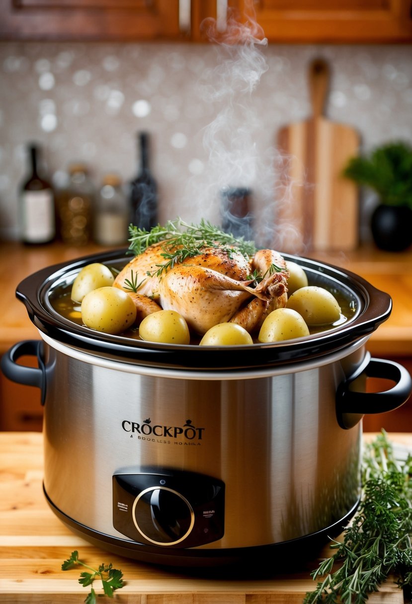 A crockpot filled with simmering chicken, potatoes, and aromatic herbs on a kitchen counter