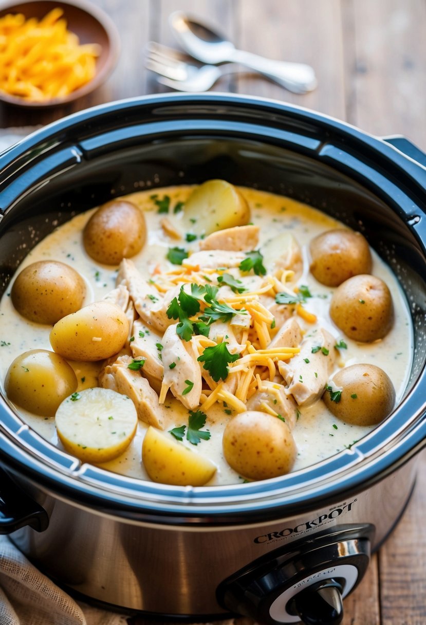 A crockpot filled with creamy ranch chicken and potatoes simmering together