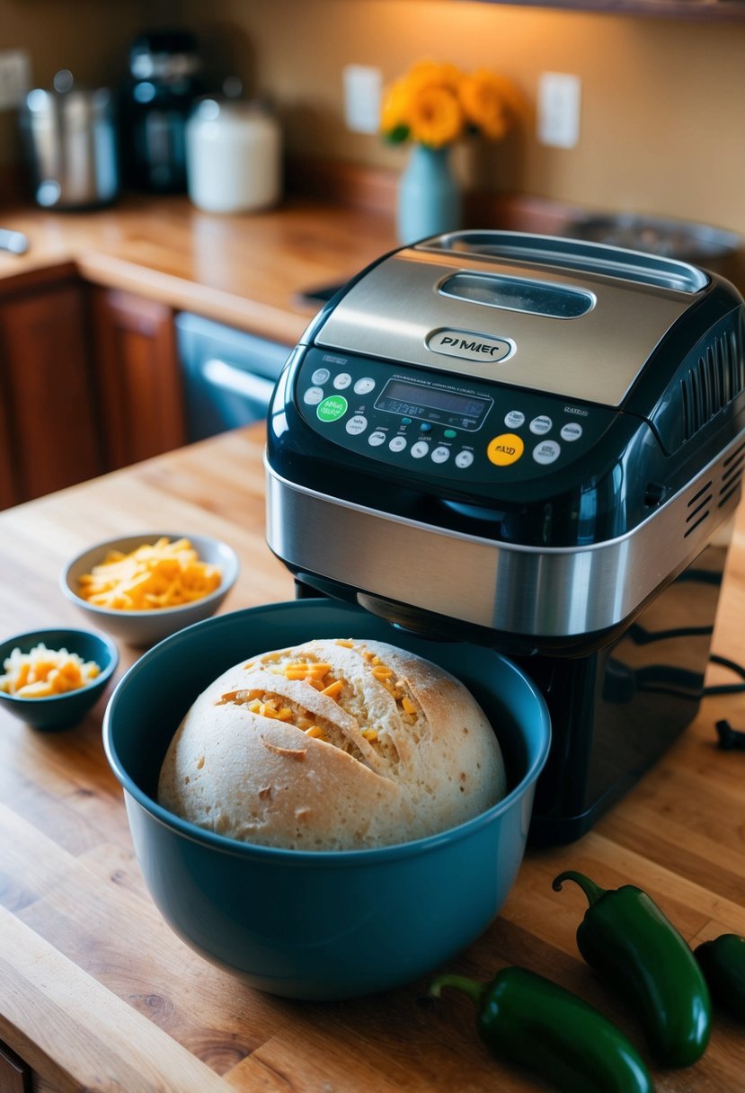 A bread machine mixing jalapeño cheddar sourdough dough with sourdough starter discard