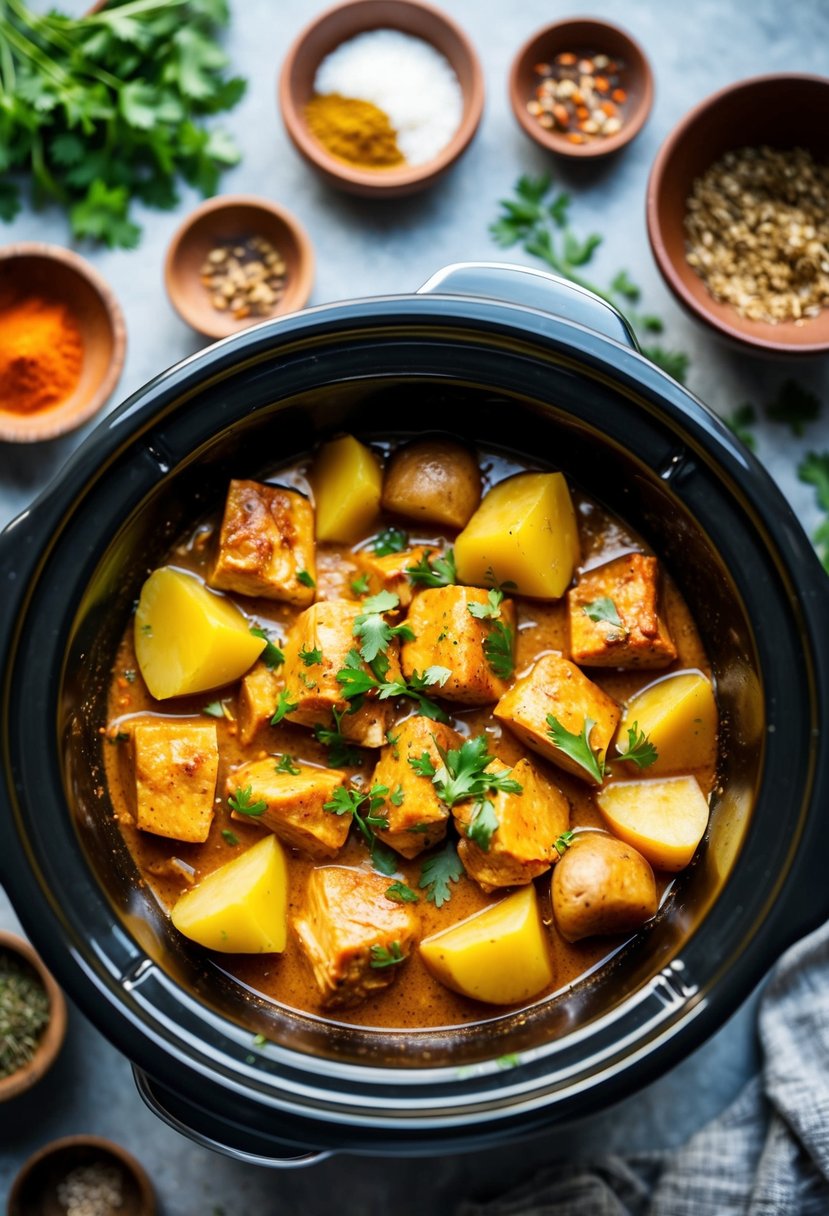 A slow cooker filled with chunks of tender chicken and potatoes simmering in a fragrant curry sauce, surrounded by vibrant spices and herbs