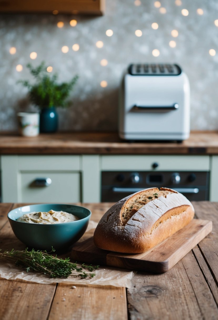 A rustic kitchen counter with a bowl of sourdough starter discard, a loaf of olive and thyme sourdough bread, and a bread machine in the background