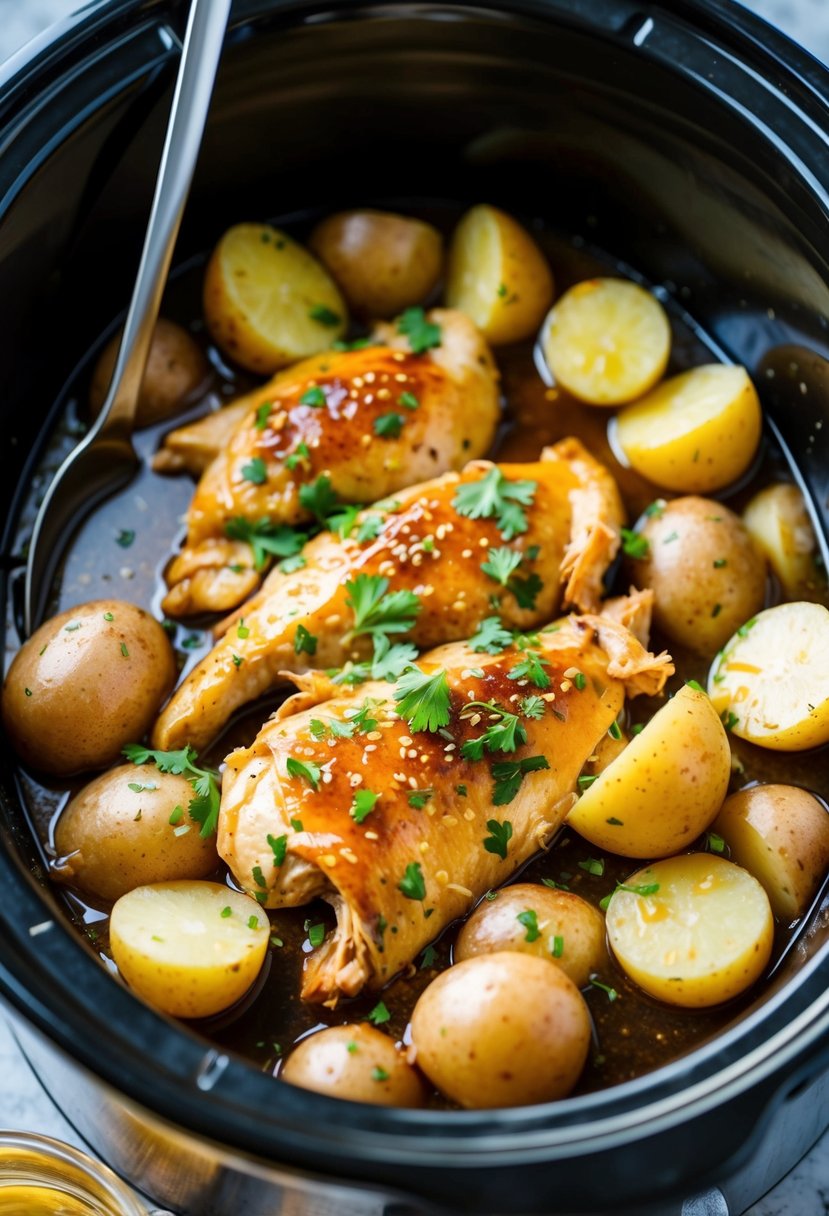 A crockpot filled with honey garlic chicken and potatoes simmering in a savory sauce