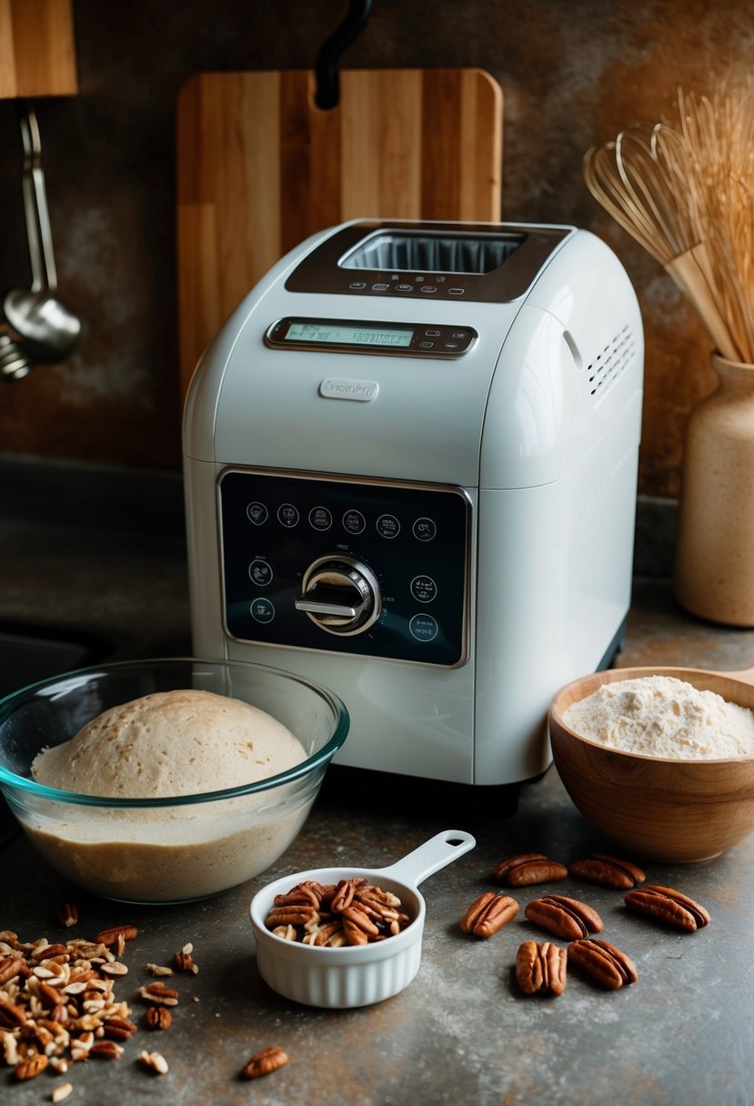 A rustic kitchen counter with a bread machine, a bowl of sourdough starter discard, and ingredients for maple pecan sourdough bread