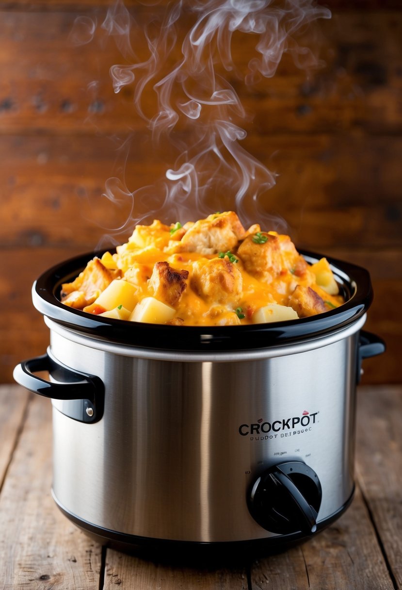 A bubbling crockpot filled with layers of cheesy chicken and potato casserole, emitting a savory aroma