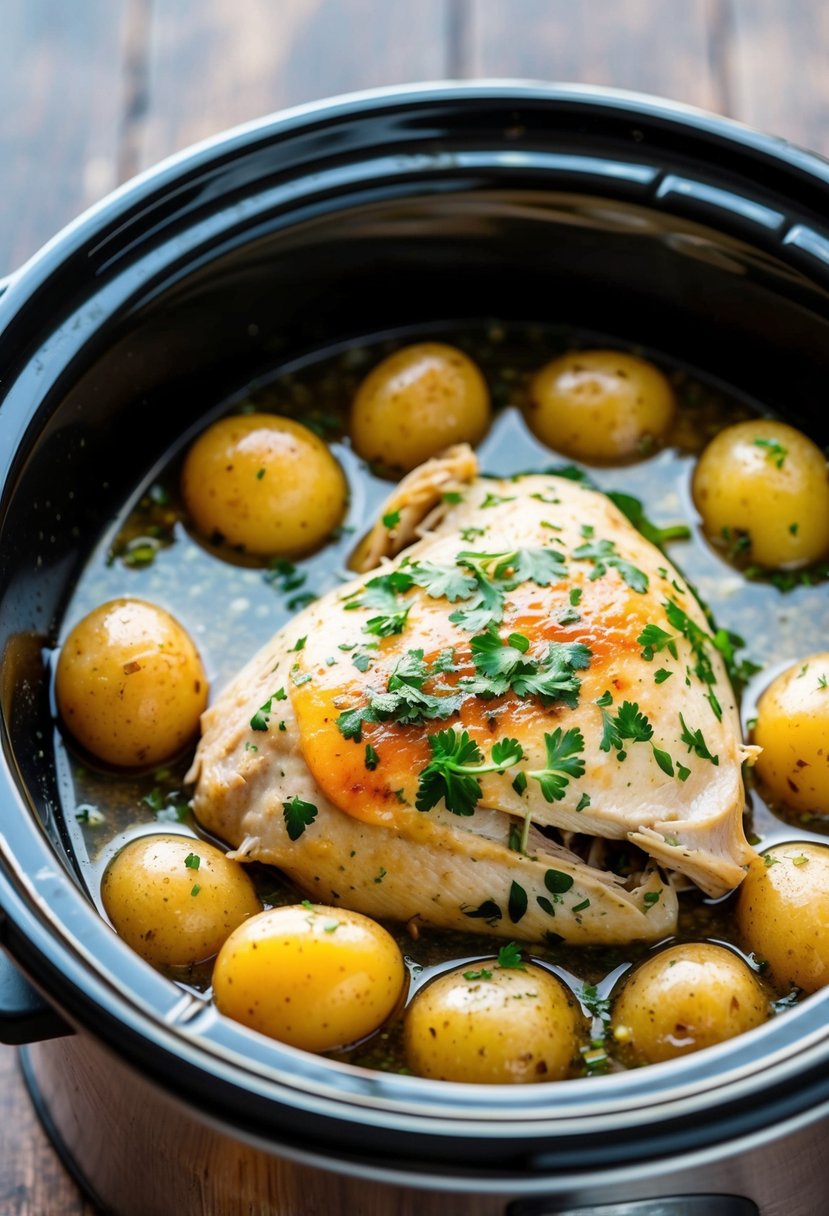 A crockpot filled with herb garlic chicken and baby potatoes simmering in a savory broth