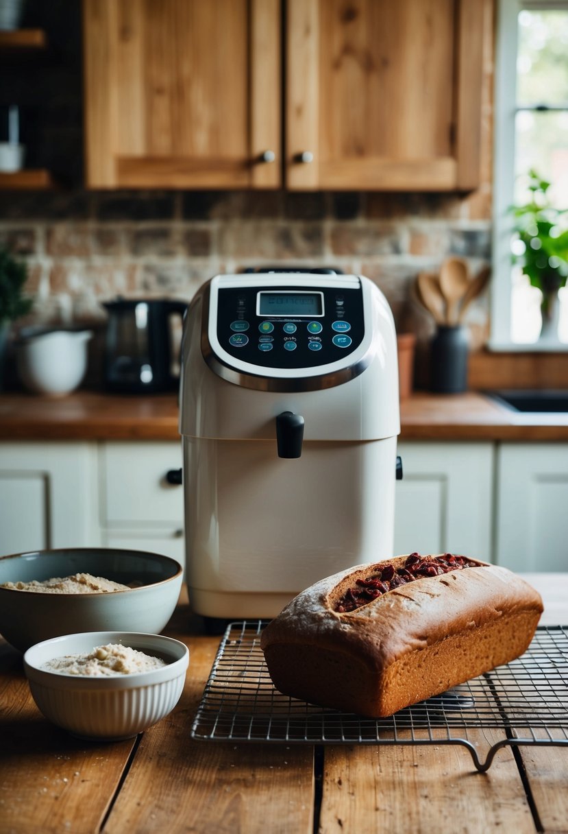 A rustic kitchen with a bread machine on the counter, a bowl of sourdough starter discard, and a loaf of sun-dried tomato sourdough bread cooling on a wire rack